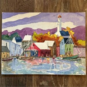 Watercolor Painting 'Autumn Harbor Village' Unframed